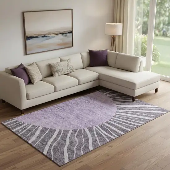 Purple And Ivory Abstract Washable Area Rug With UV Protection Photo 1