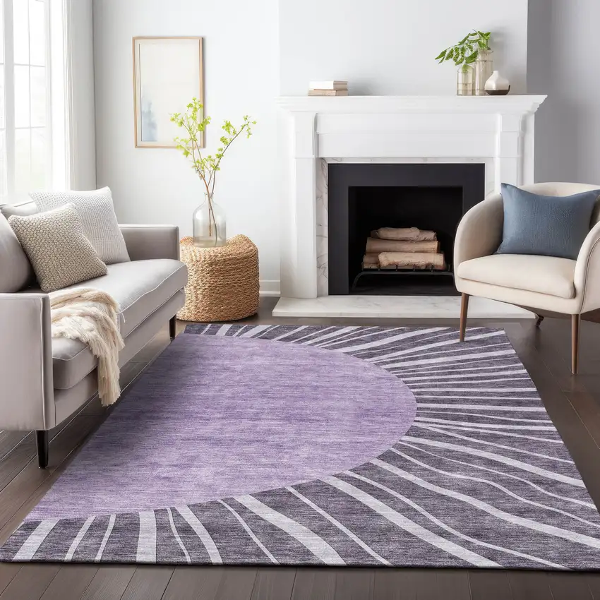 Purple And Ivory Abstract Washable Area Rug With UV Protection Photo 4