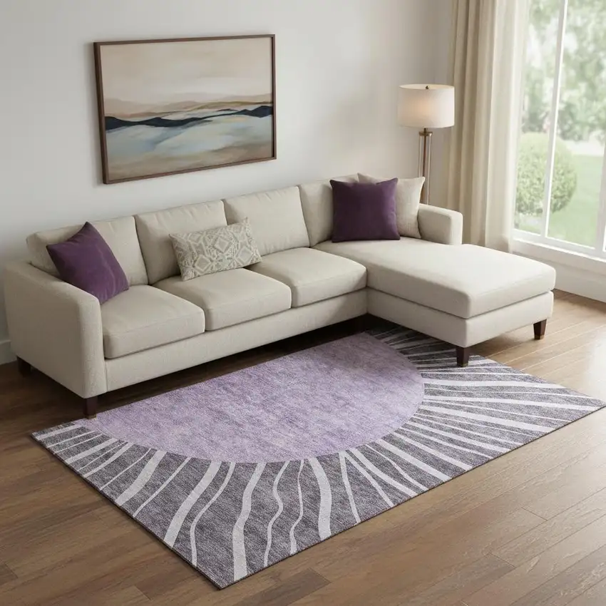 Purple And Ivory Abstract Washable Area Rug With UV Protection Photo 1