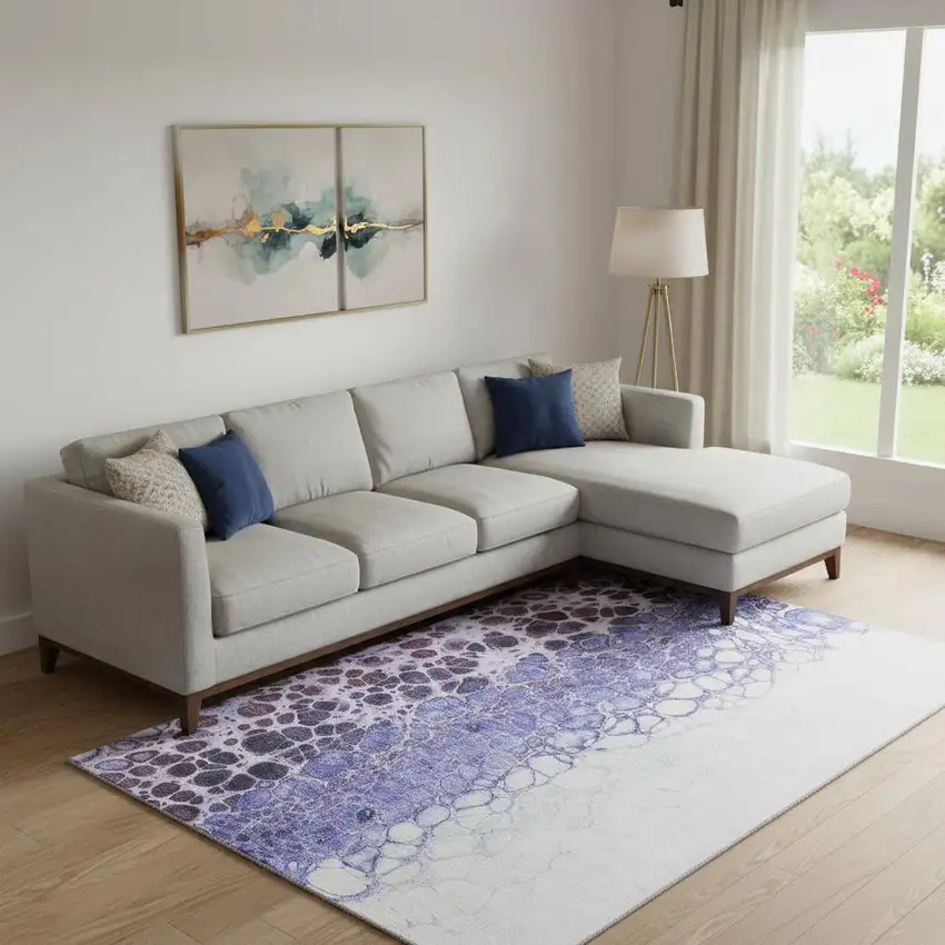 Purple And Ivory Abstract Washable Area Rug With UV Protection Photo 1