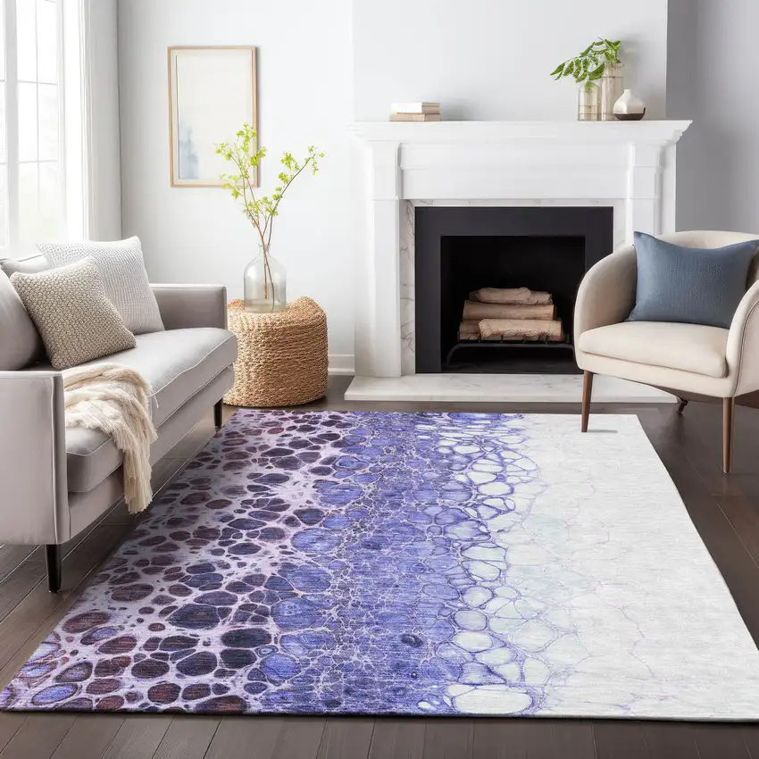 Purple And Ivory Abstract Washable Area Rug With UV Protection Photo 3
