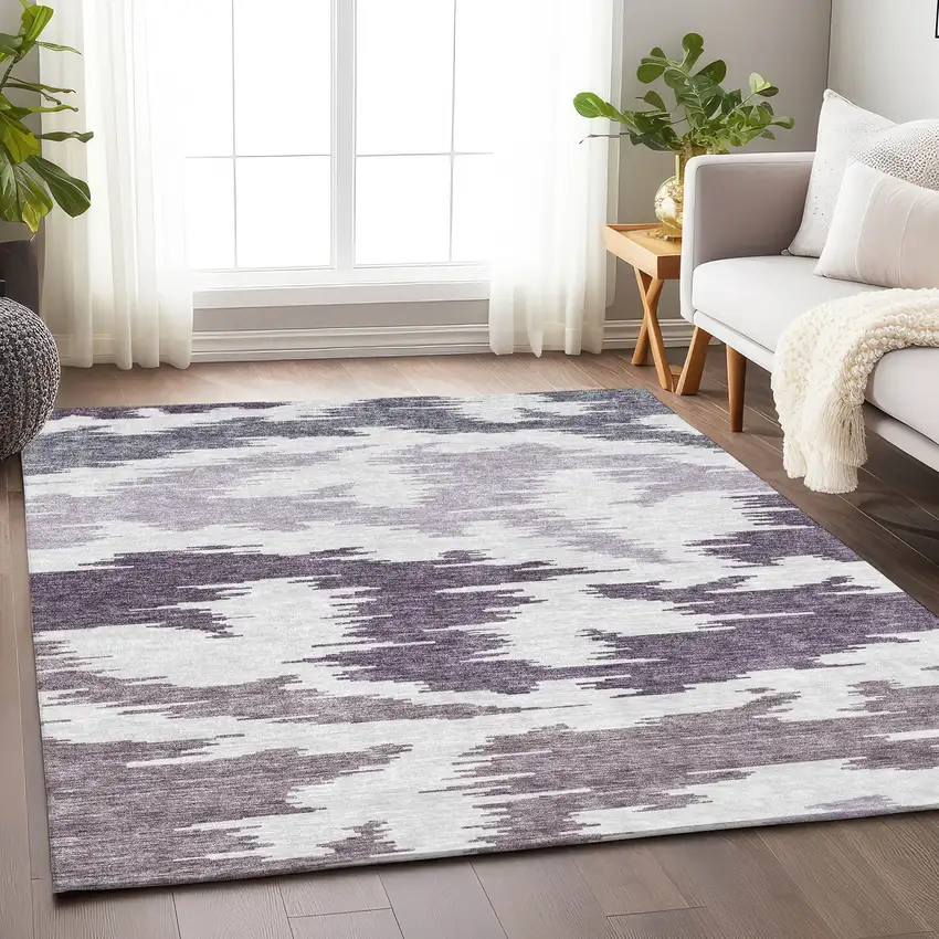 Purple And Ivory Abstract Washable Area Rug With UV Protection Photo 5