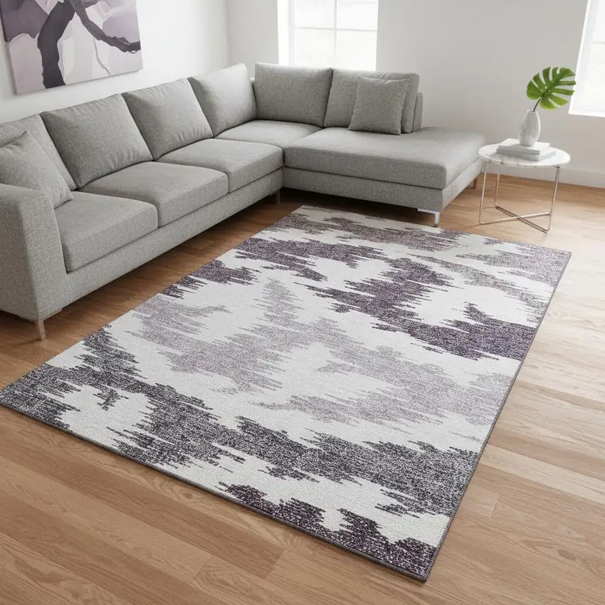 Purple And Ivory Abstract Washable Area Rug With UV Protection Photo 2