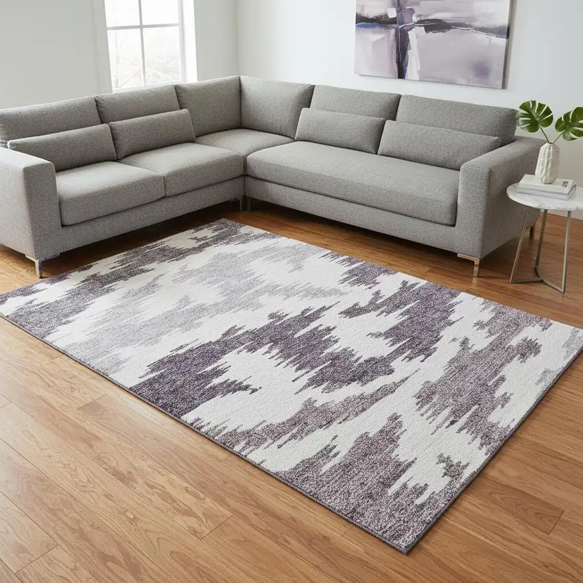 Purple And Ivory Abstract Washable Area Rug With UV Protection Photo 2
