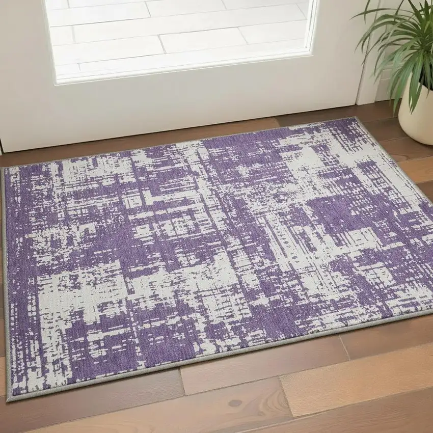 Purple And Ivory Abstract Washable Area Rug With UV Protection Photo 2