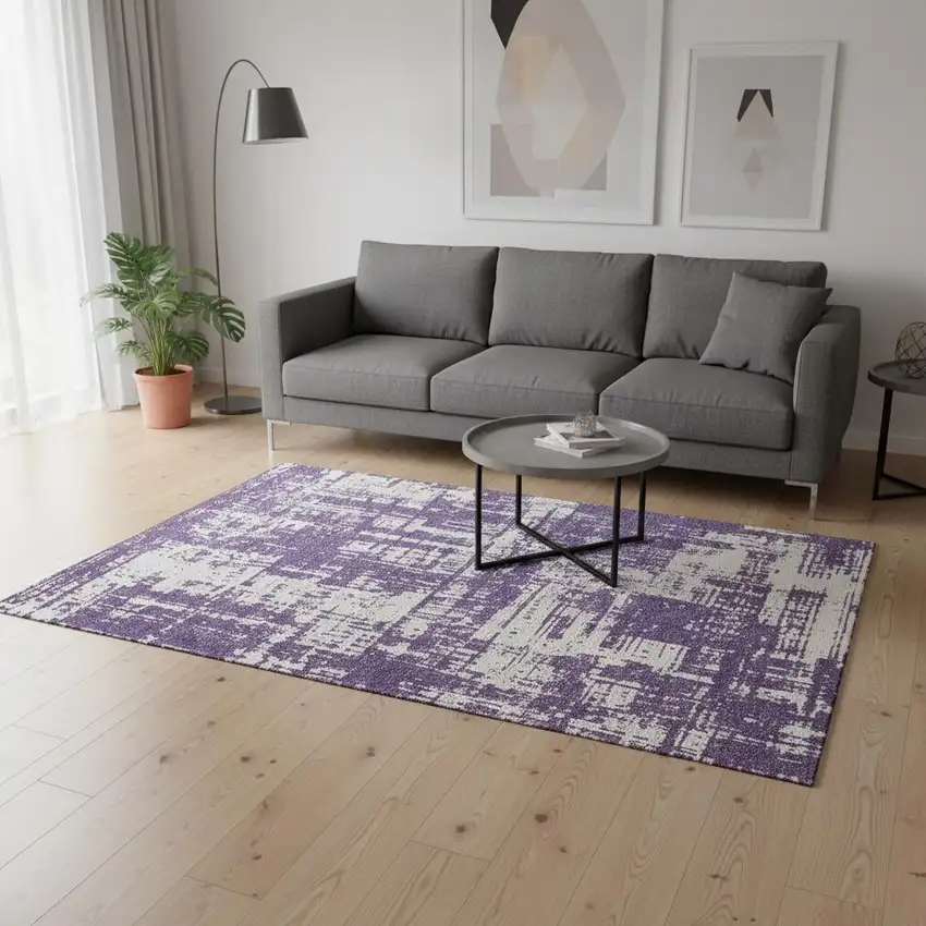 Purple And Ivory Abstract Washable Area Rug With UV Protection Photo 2