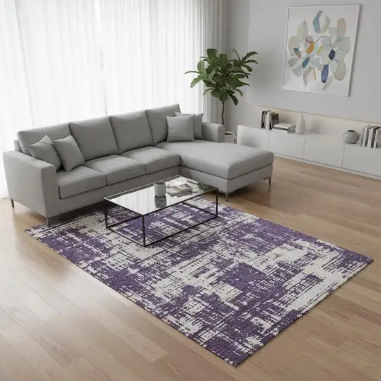 Purple And Ivory Abstract Washable Area Rug With UV Protection Photo 2