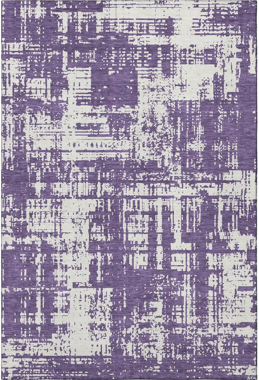 Purple And Ivory Abstract Washable Area Rug With UV Protection Photo 3