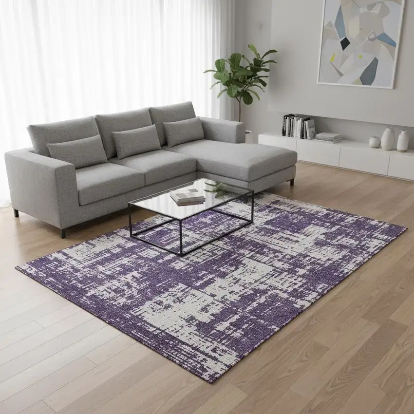 Purple And Ivory Abstract Washable Area Rug With UV Protection Photo 2