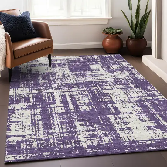 Purple And Ivory Abstract Washable Area Rug With UV Protection Photo 4