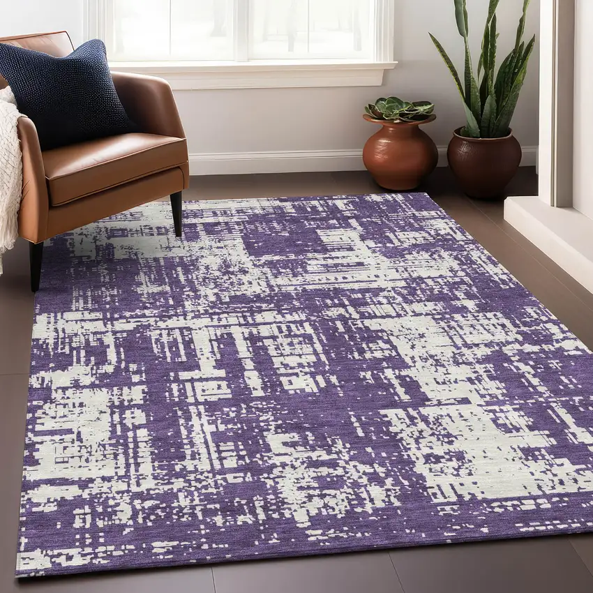 Purple And Ivory Abstract Washable Area Rug With UV Protection Photo 4