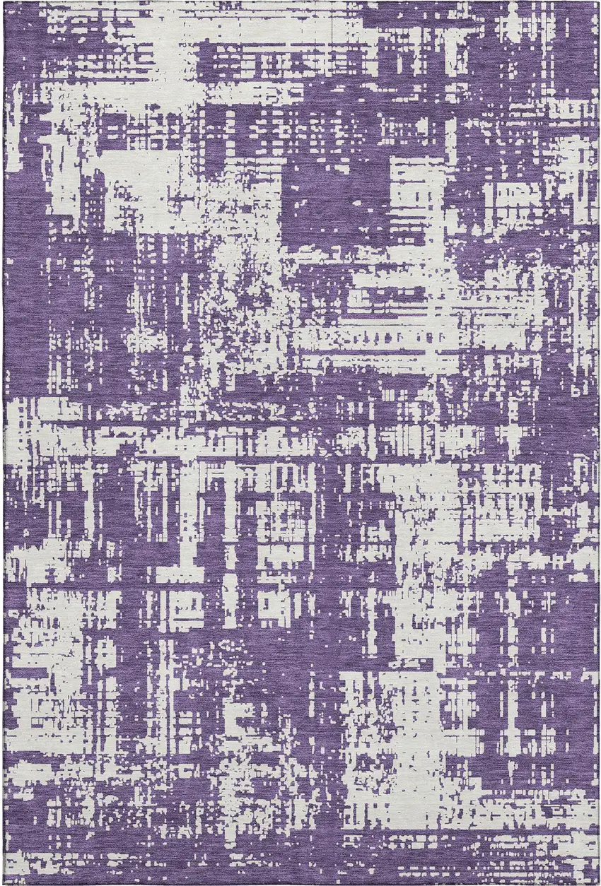 Purple And Ivory Abstract Washable Area Rug With UV Protection Photo 1