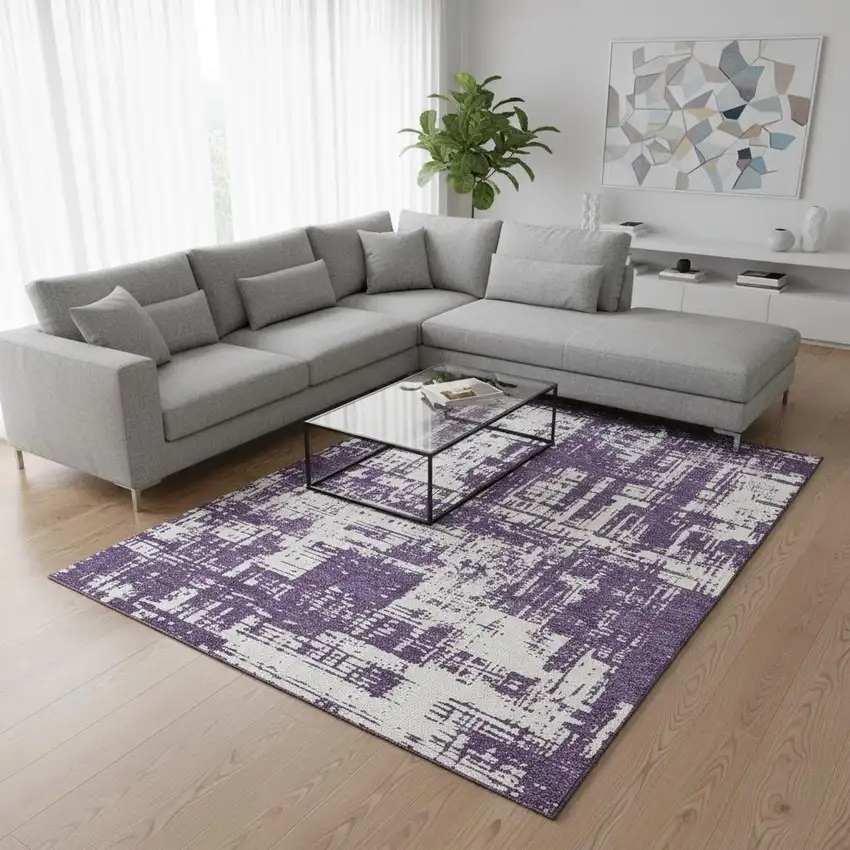 Purple And Ivory Abstract Washable Area Rug With UV Protection Photo 2