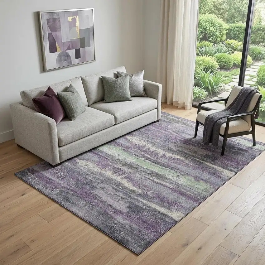 Purple And Ivory Abstract Washable Area Rug With UV Protection Photo 1