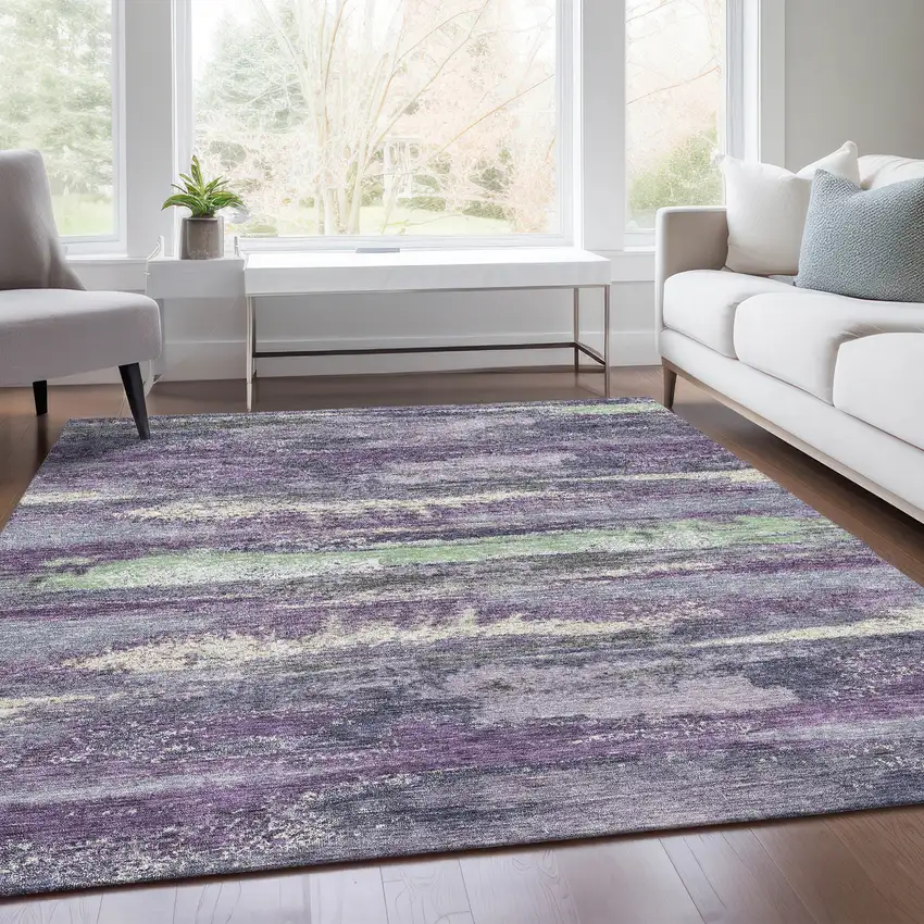 Purple And Ivory Abstract Washable Area Rug With UV Protection Photo 5