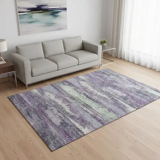 Purple And Ivory Abstract Washable Area Rug With UV Protection Photo 2