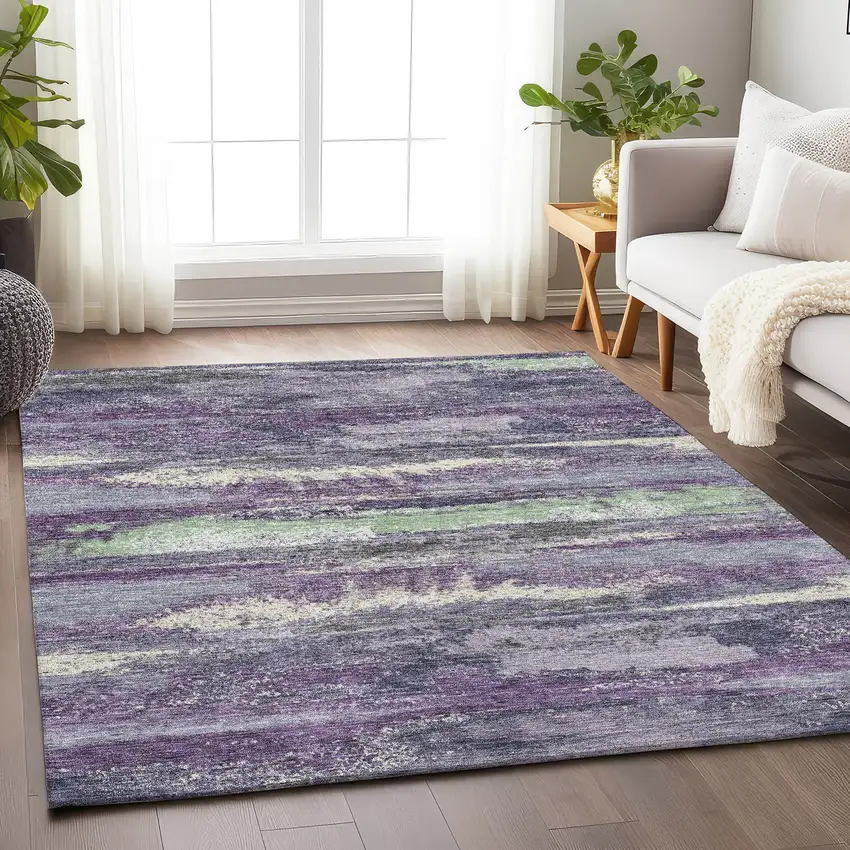 Purple And Ivory Abstract Washable Area Rug With UV Protection Photo 4