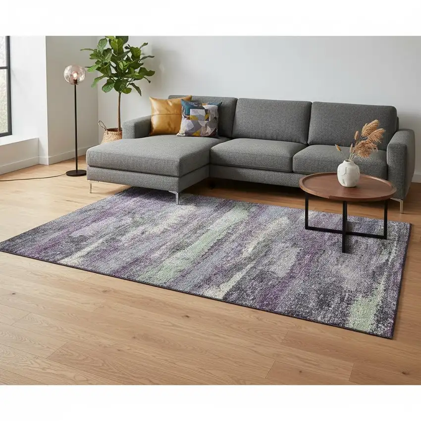 Purple And Ivory Abstract Washable Area Rug With UV Protection Photo 2