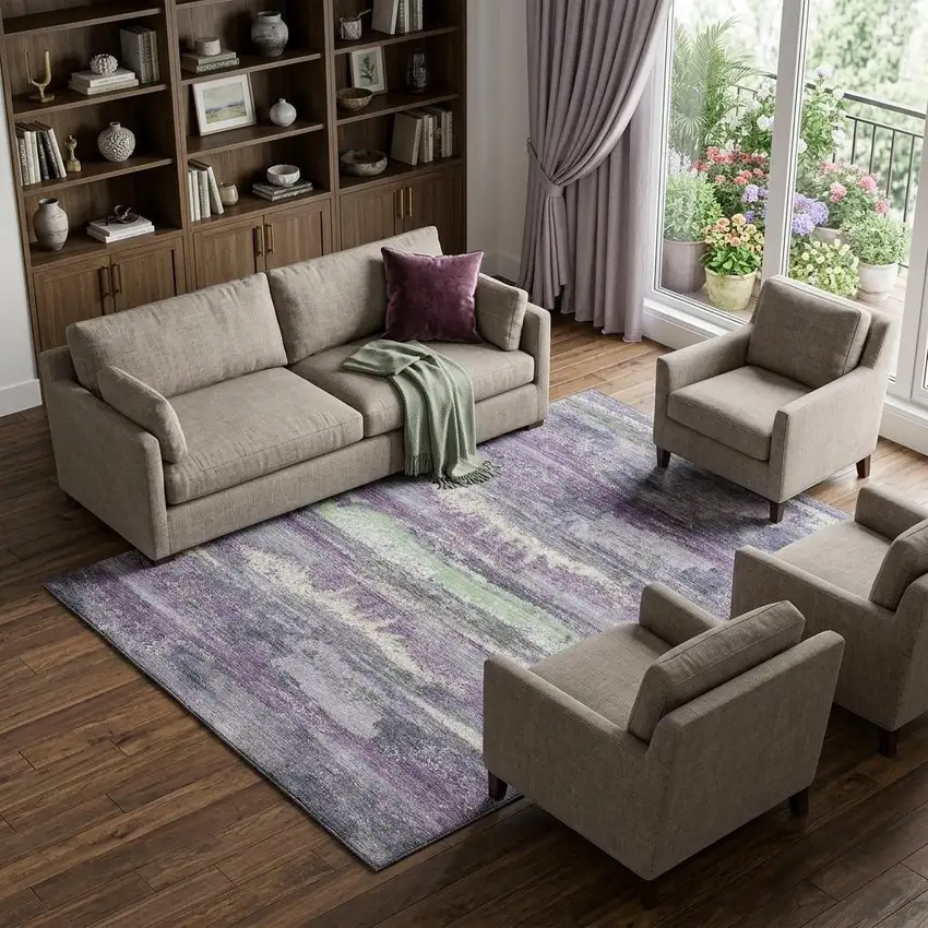 Purple And Ivory Abstract Washable Area Rug With UV Protection Photo 1