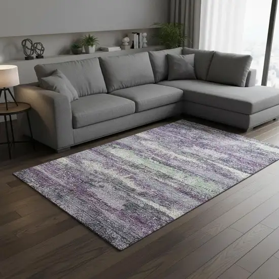Purple And Ivory Abstract Washable Area Rug With UV Protection Photo 2