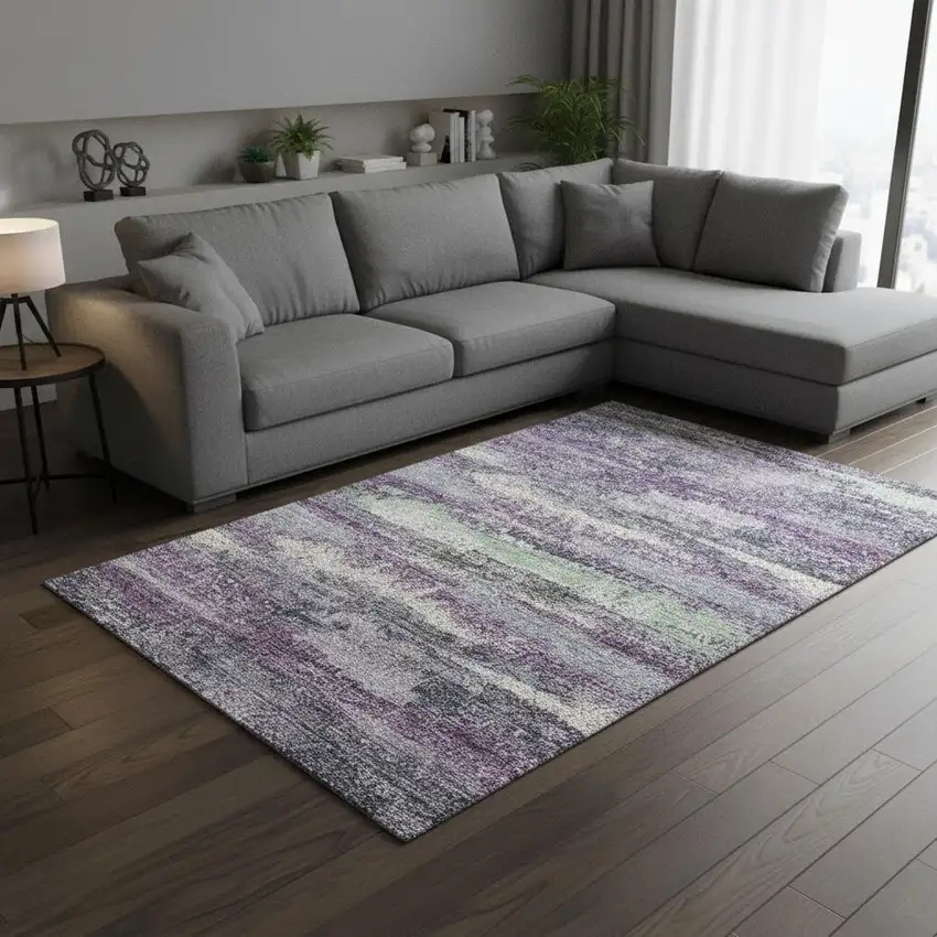 Purple And Ivory Abstract Washable Area Rug With UV Protection Photo 2