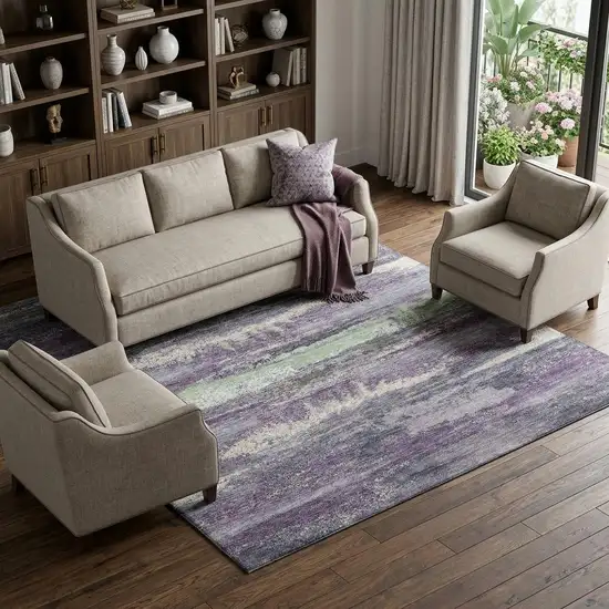 Purple And Ivory Abstract Washable Area Rug With UV Protection Photo 1
