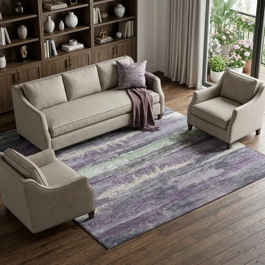 Purple And Ivory Abstract Washable Area Rug With UV Protection Photo 1