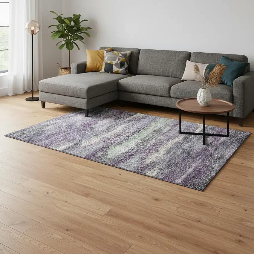 Purple And Ivory Abstract Washable Area Rug With UV Protection Photo 2