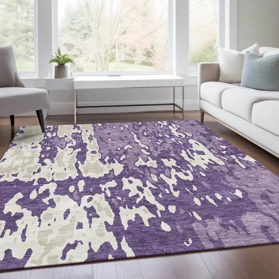 Purple And Ivory Abstract Washable Area Rug With UV Protection Photo 5