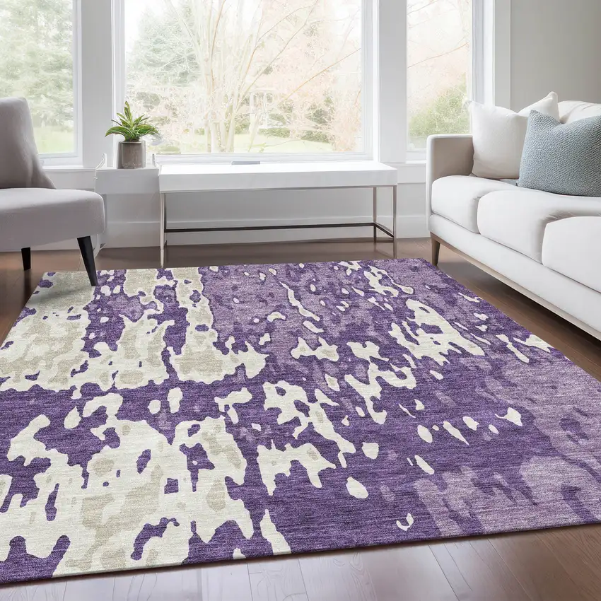 Purple And Ivory Abstract Washable Area Rug With UV Protection Photo 5