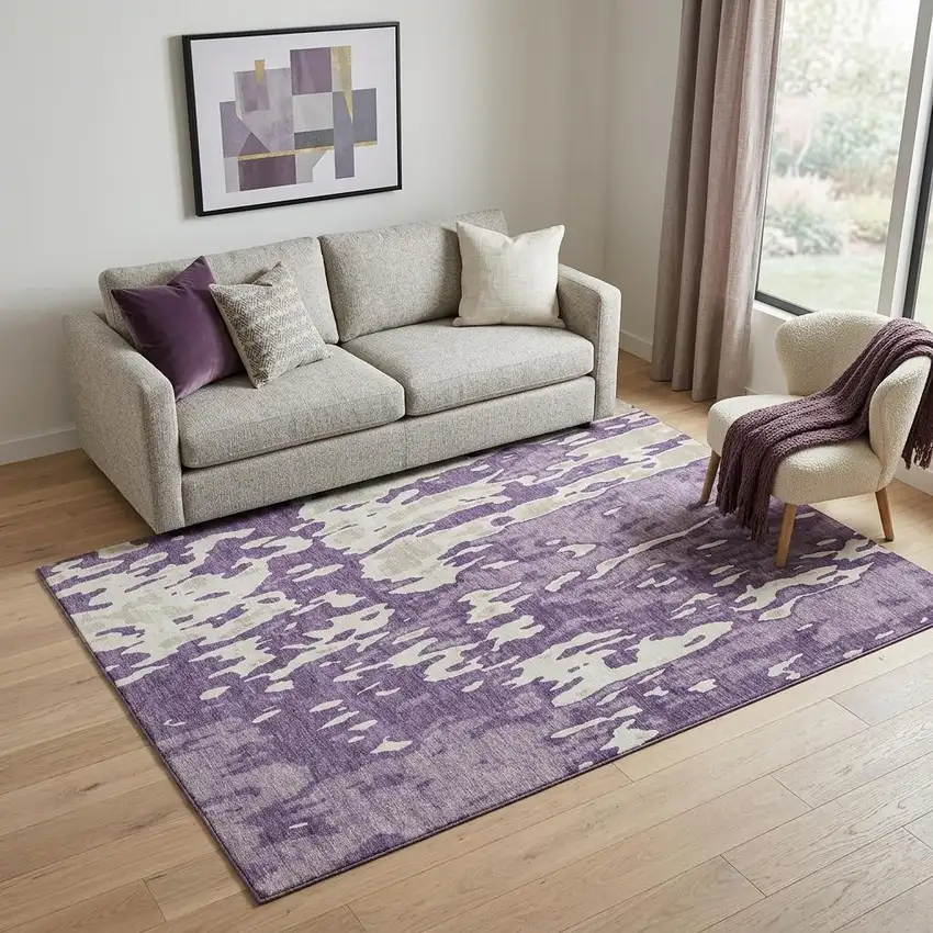 Purple And Ivory Abstract Washable Area Rug With UV Protection Photo 1
