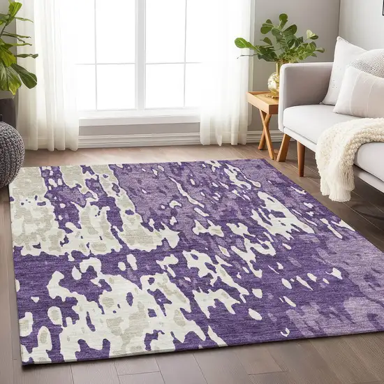 Purple And Ivory Abstract Washable Area Rug With UV Protection Photo 4