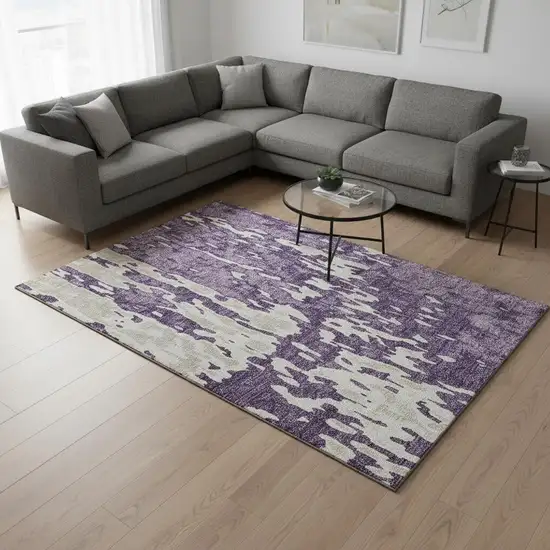 Purple And Ivory Abstract Washable Area Rug With UV Protection Photo 2