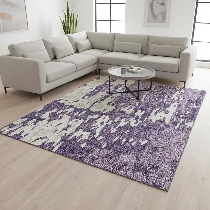 Purple And Ivory Abstract Washable Area Rug With UV Protection Photo 2