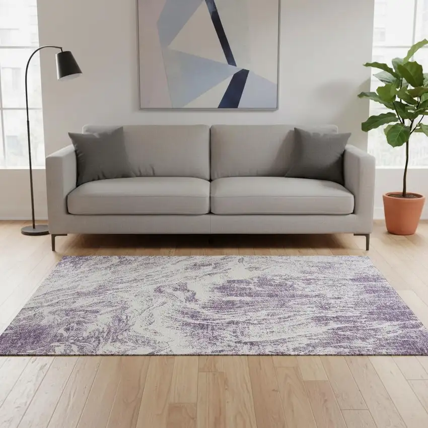 Purple And Ivory Abstract Washable Area Rug With UV Protection Photo 2