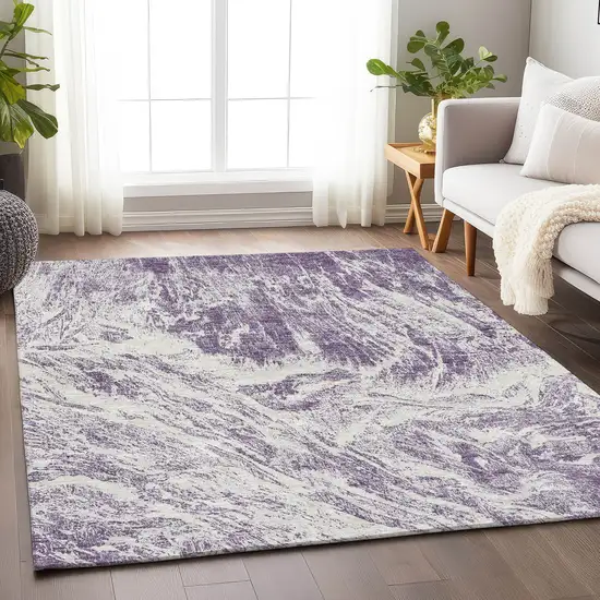 Purple And Ivory Abstract Washable Area Rug With UV Protection Photo 4