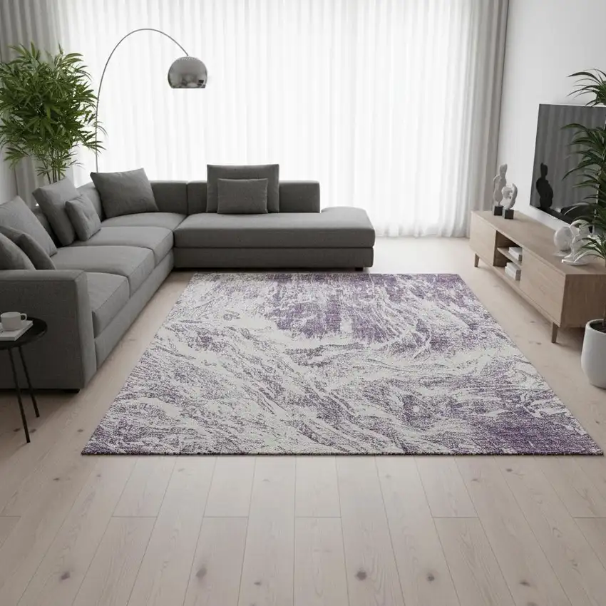 Purple And Ivory Abstract Washable Area Rug With UV Protection Photo 2