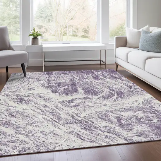 Purple And Ivory Abstract Washable Area Rug With UV Protection Photo 5