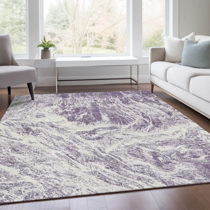 Purple And Ivory Abstract Washable Area Rug With UV Protection Photo 5