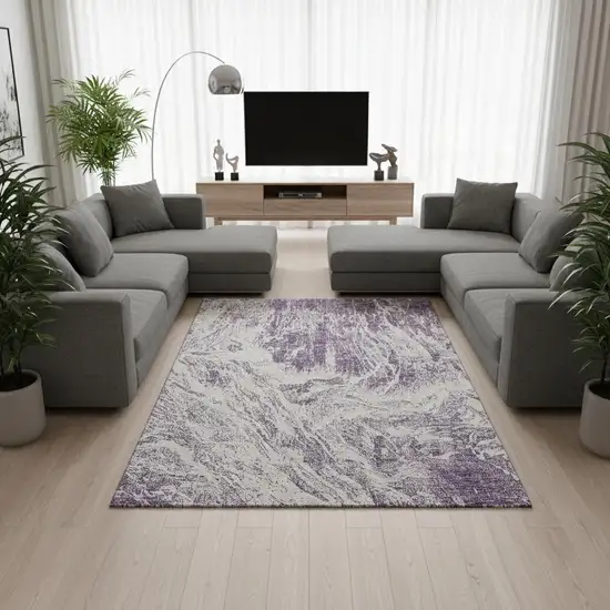 Purple And Ivory Abstract Washable Area Rug With UV Protection Photo 2
