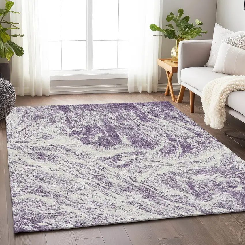 Purple And Ivory Abstract Washable Area Rug With UV Protection Photo 4