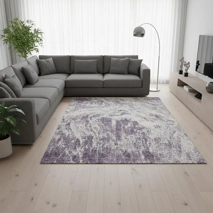 Purple And Ivory Abstract Washable Area Rug With UV Protection Photo 2