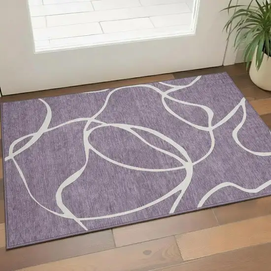 Purple And Ivory Abstract Washable Area Rug With UV Protection Photo 2