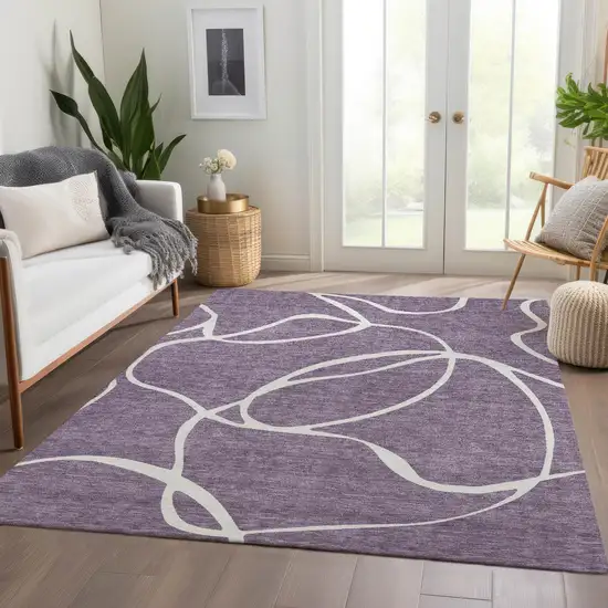 Purple And Ivory Abstract Washable Area Rug With UV Protection Photo 4