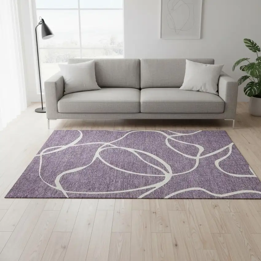 Purple And Ivory Abstract Washable Area Rug With UV Protection Photo 2