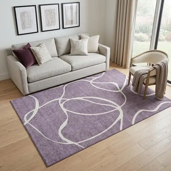 Purple And Ivory Abstract Washable Area Rug With UV Protection Photo 1