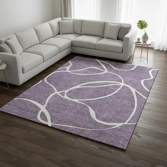 Purple And Ivory Abstract Washable Area Rug With UV Protection Photo 2