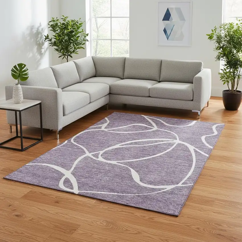 Purple And Ivory Abstract Washable Area Rug With UV Protection Photo 2