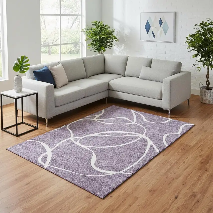 Purple And Ivory Abstract Washable Area Rug With UV Protection Photo 2