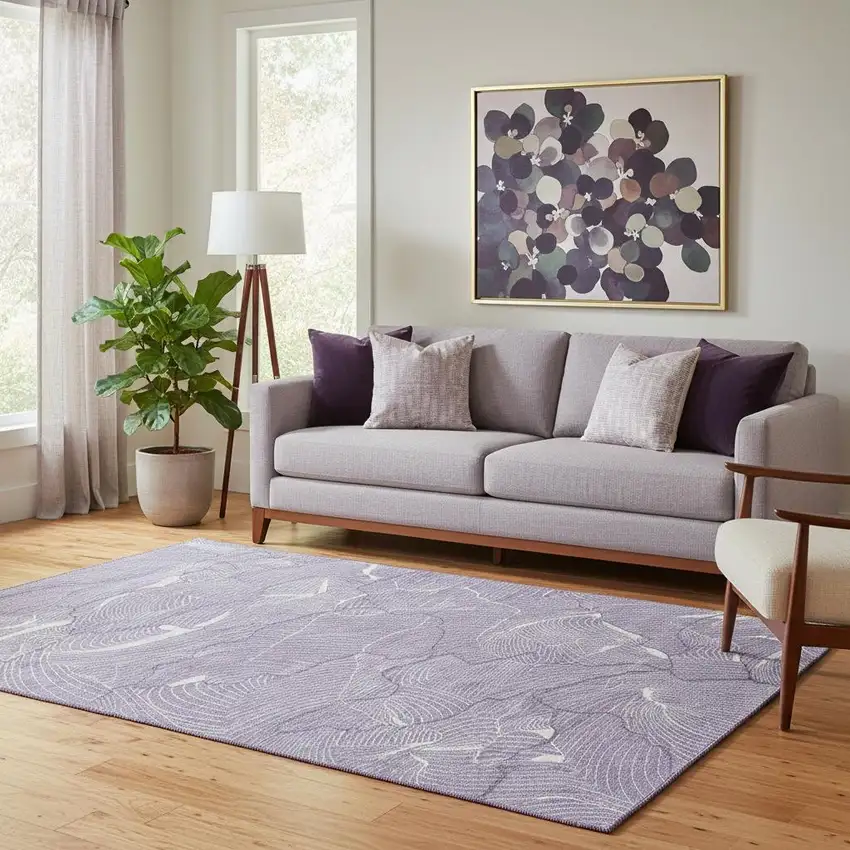 Purple And Ivory Abstract Washable Area Rug With UV Protection Photo 2